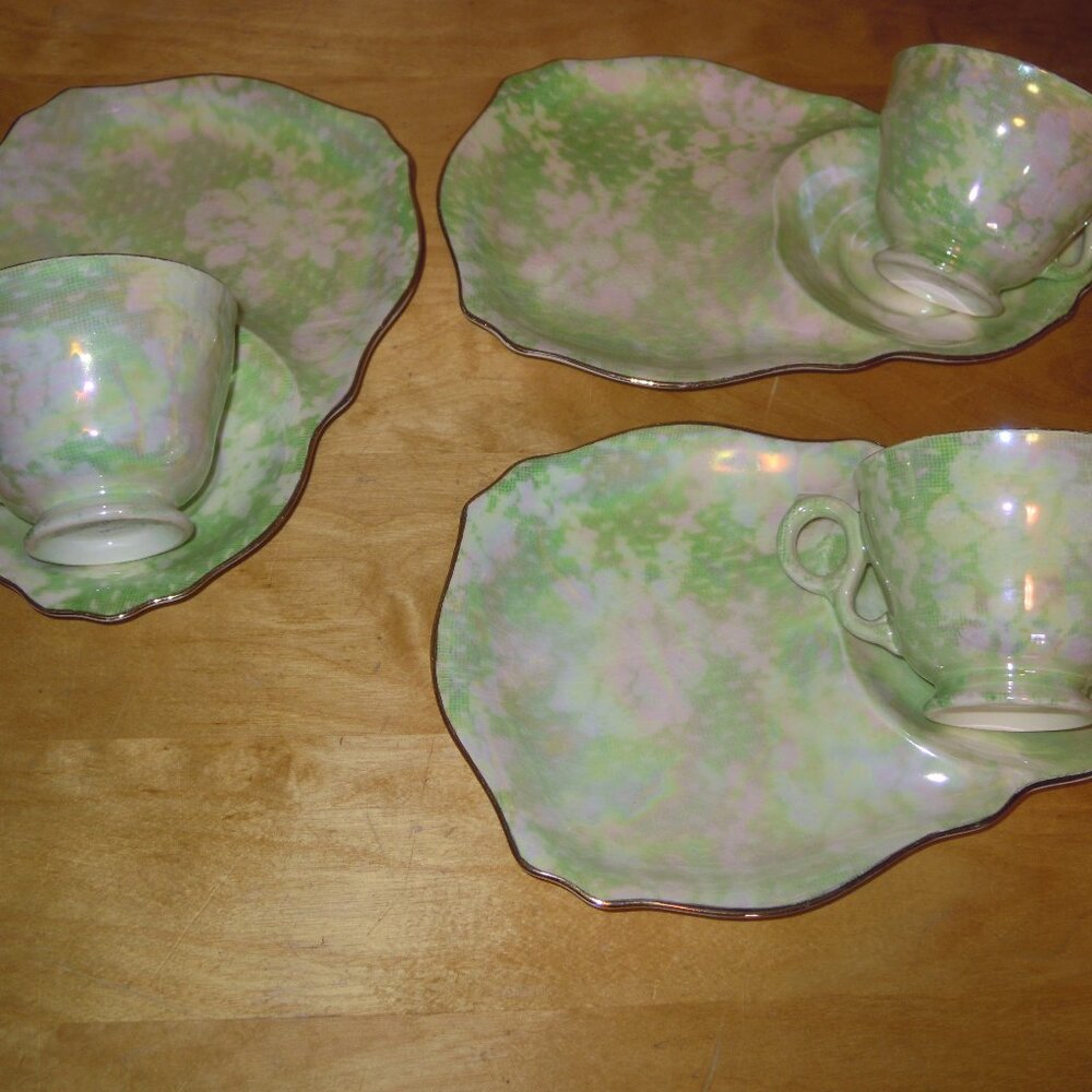 3 Royal Winton Grimwades Green Brocade iridescent Tennis Set Snack Cup & Plate